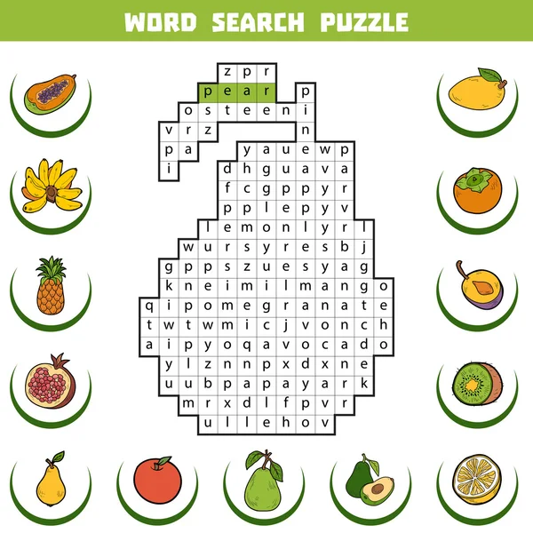 Mot croisé vectoriel de couleur sur les fruits. Puzzle de recherche de mots — Image vectorielle