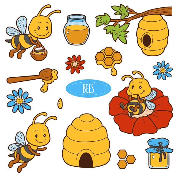 Sada roztomilých zvířat a objekty, vektorové rodina včel — Stockový vektor
