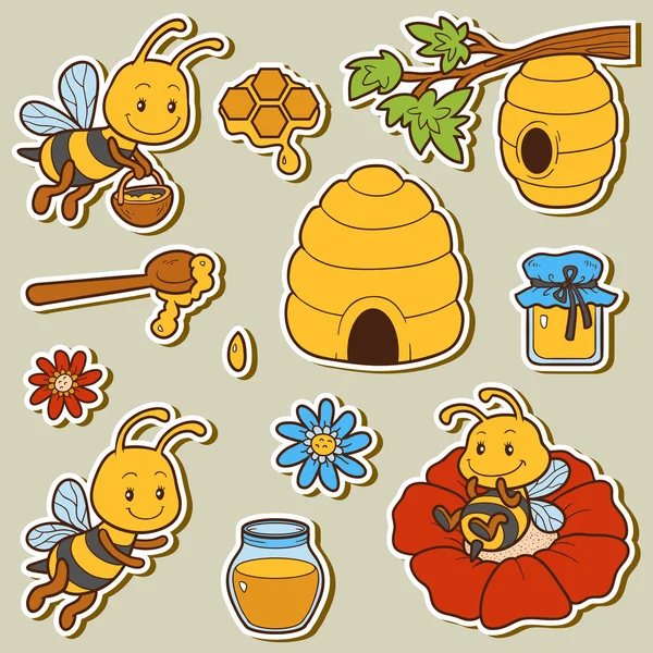 Conjunto de animales y objetos lindos, familia de vectores de abejas — Archivo Imágenes Vectoriales