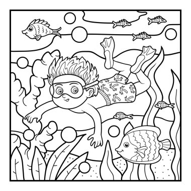 Boyama kitabı, küçük çocuk denizde Yüzme