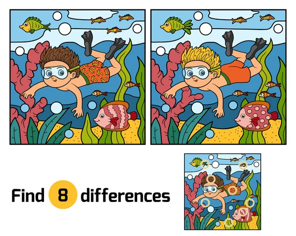 Trouvez des différences. Petit garçon nageant dans la mer — Image vectorielle