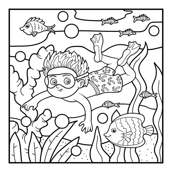 Livro para colorir, menino nadando no mar — Vetor de Stock