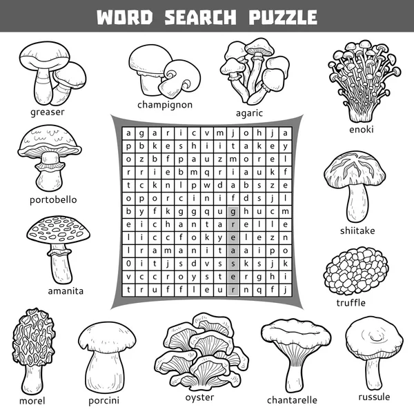 Crucigrama vectorial sobre hongos. Puzzle de búsqueda de palabras — Archivo Imágenes Vectoriales