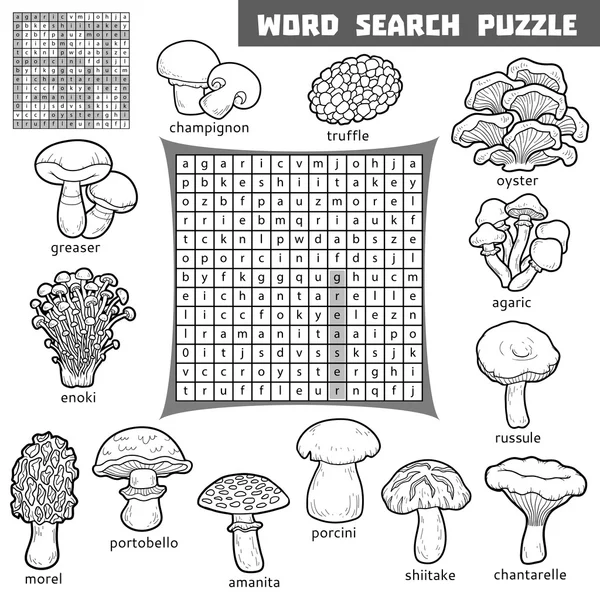 Crucigrama vectorial sobre hongos. Puzzle de búsqueda de palabras — Vector de stock