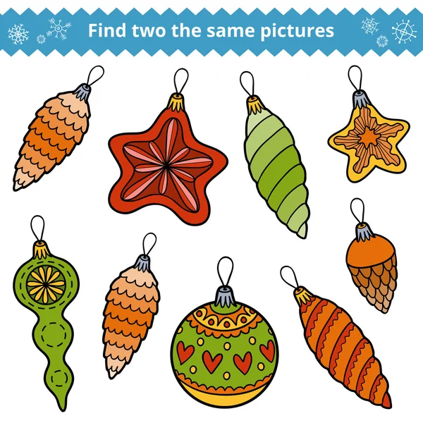 Find two the same pictures. Christmas tree toys — Stock Vector