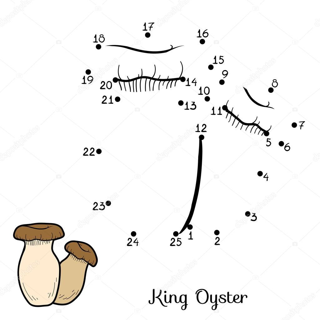 Gioco di numeri per i bambini punto per punto formazione gioco Funghi mestibili re ostrica — Vettoriali di ksenya savva