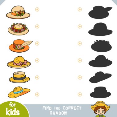 Find the correct shadow, education game for children, set of womens hats clipart