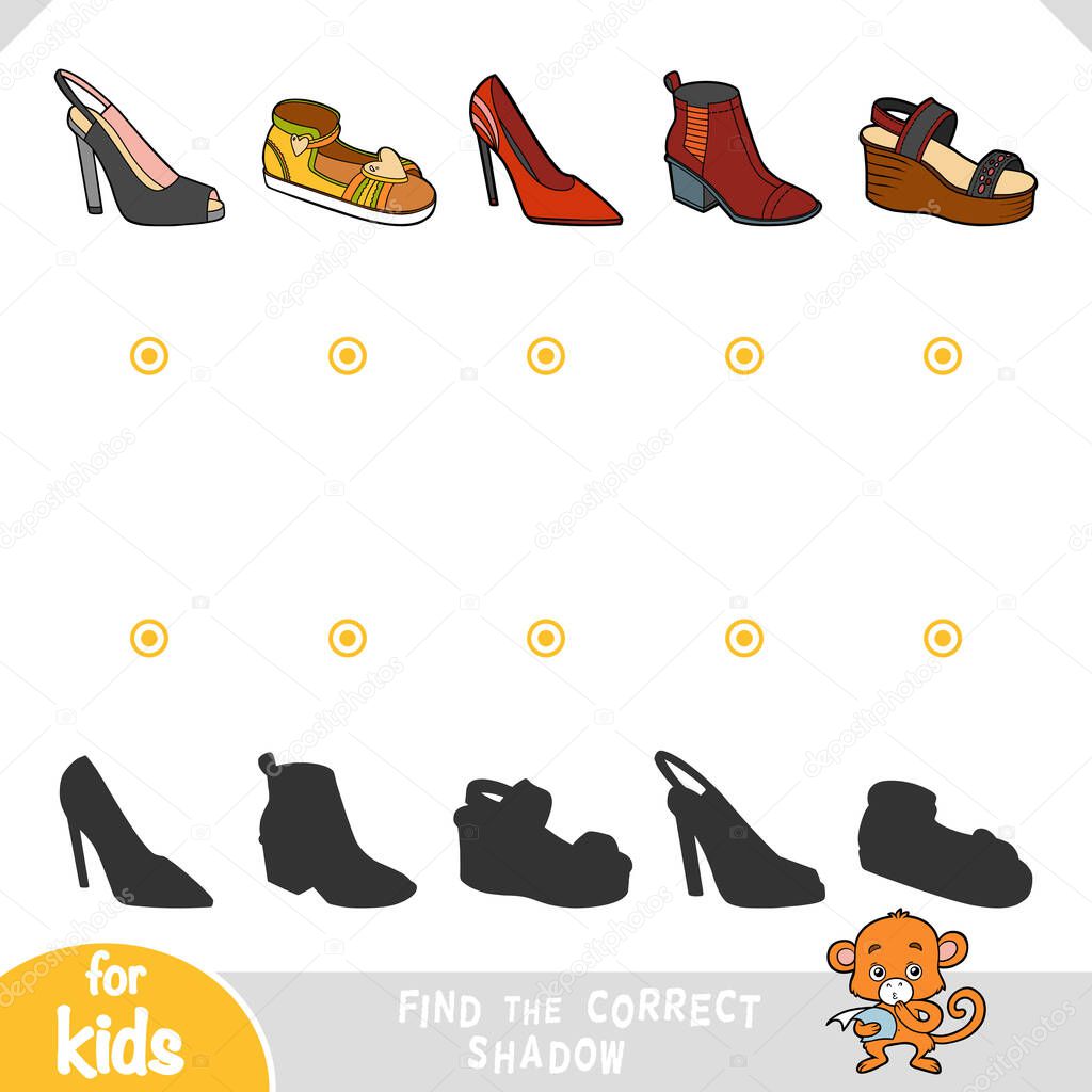 Find the correct shadow, education game for children. Set of womens shoes