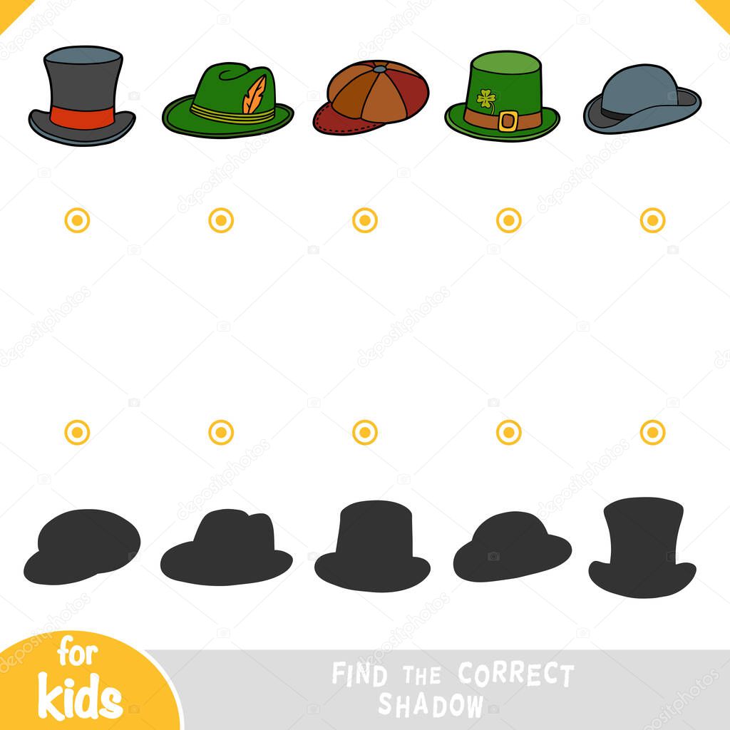 Find the correct shadow, education game for children. Set of mens hats