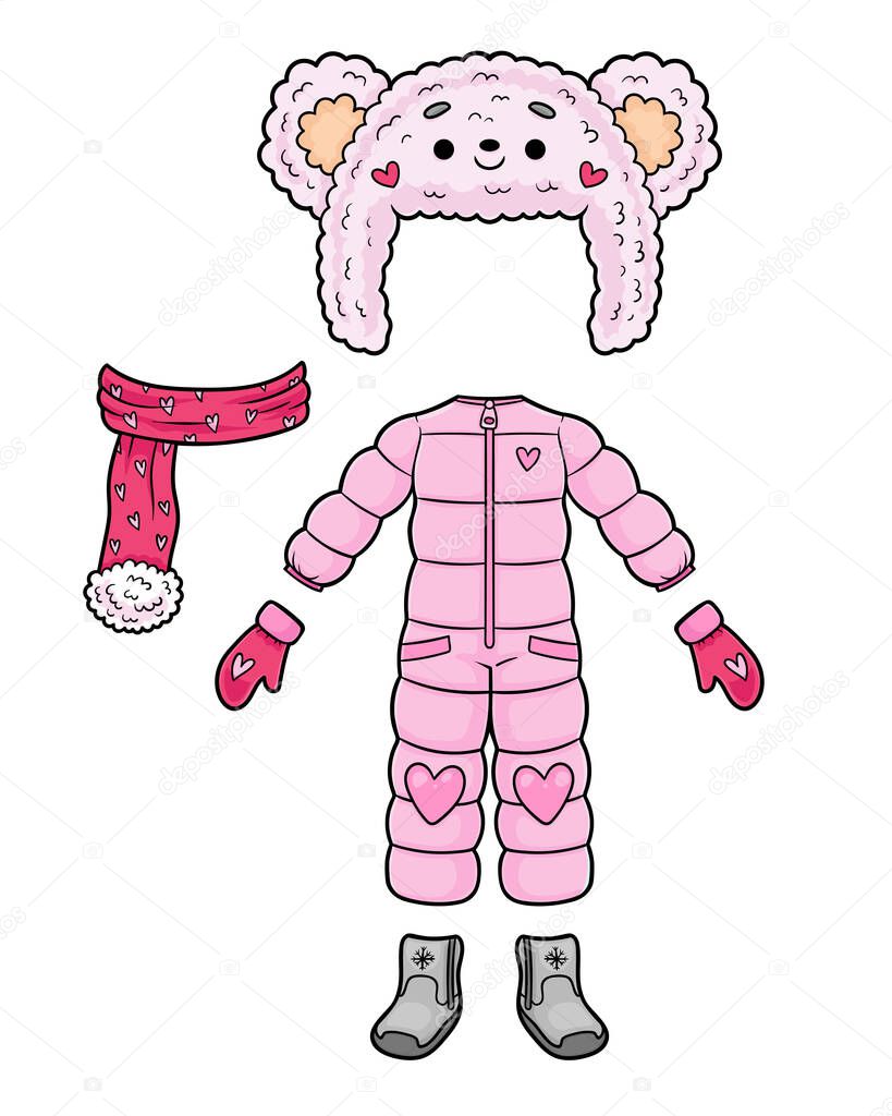 Cartoon vector illustration for children. Set of winter clothes - boots, mitten, ski jumpsuit, hat, scarf for girl