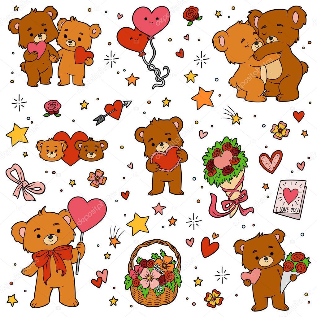 Colorful set of love bears. Vector cartoon Valentines day character collection