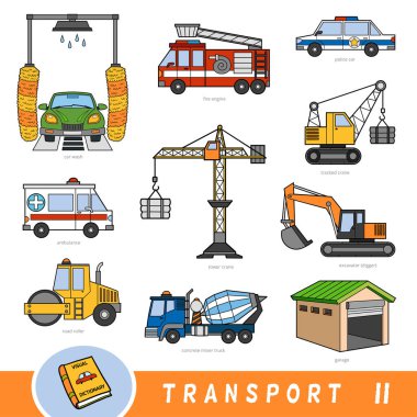 Colour transport set, collection of vector items with names in English. Cartoon visual dictionary for children clipart