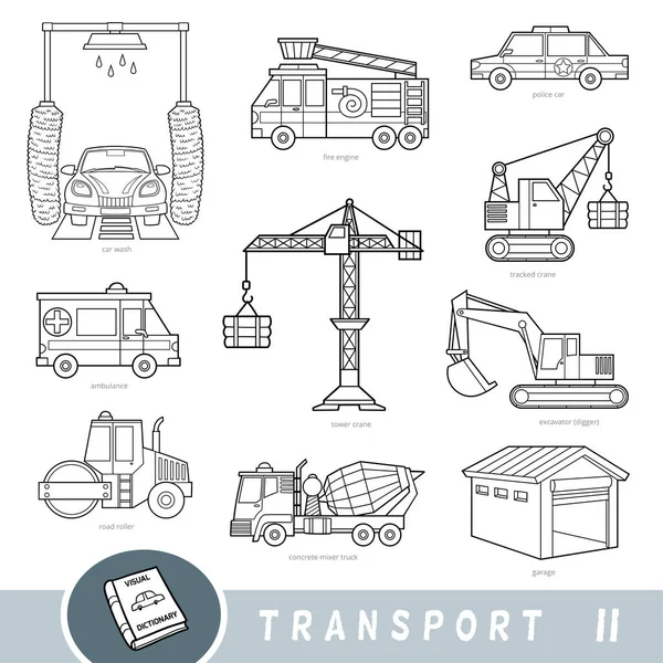 Black White Transport Set Kolekce Vektorových Položek Názvy Angličtině Kreslený — Stockový vektor