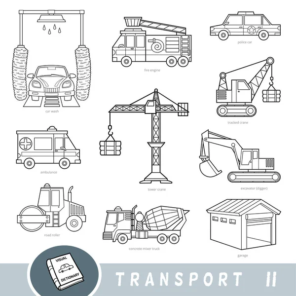 Czarno Biały Zestaw Transportowy Kolekcja Elementów Wektorowych Nazwami Języku Angielskim — Wektor stockowy