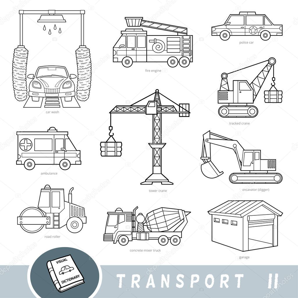 Black and white transport set, collection of vector items with names in English. Cartoon visual dictionary for children