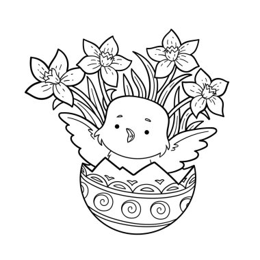 Çocuklar için boyama kitabı, Paskalya illüstrasyonu. Küçük kuş, renkli yumurta ve çiçekler