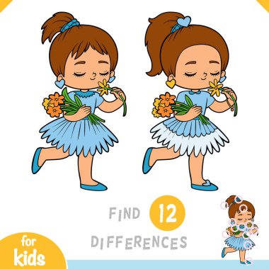 Farklılık bul, çocuklar için eğitici bir oyun, çiçekli bir kız