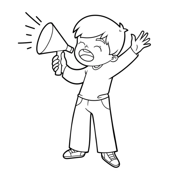 Coloring Book Children Boy Shouting Megaphone — Stock Vector