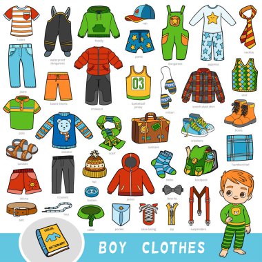 Vector set of boys clothes, color collection of cartoon kids accessories and clothing clipart