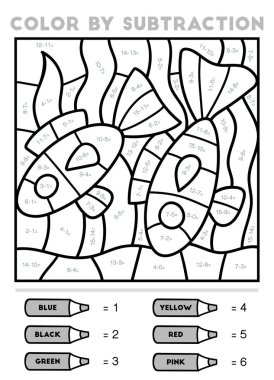 Çıkarma ile renk, çocuklar için eğitim oyunu, iki balık