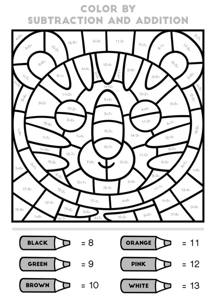 Färg Genom Addition Och Subtraktion Utbildning Spel För Barn Tiger — Stock vektor