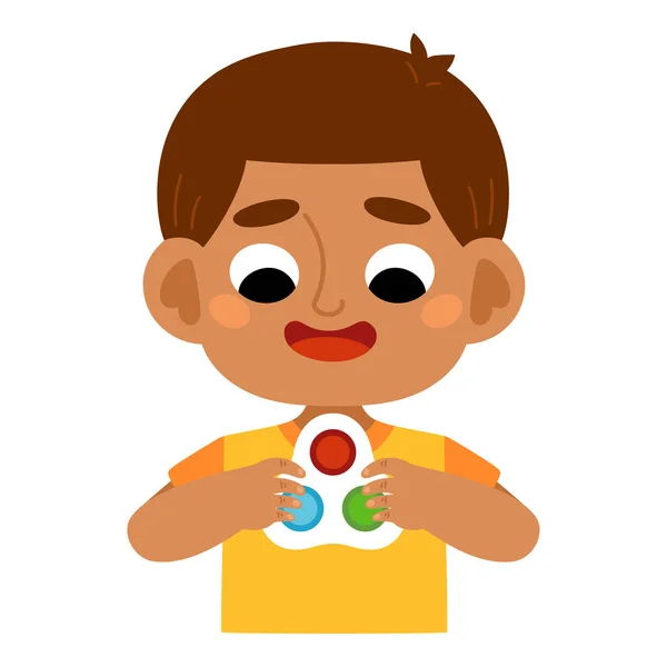 Cartoon Vektorová Ilustrace Chlapec Drží Antistresu Jednoduchou Dimple Hračku Rukou — Stockový vektor