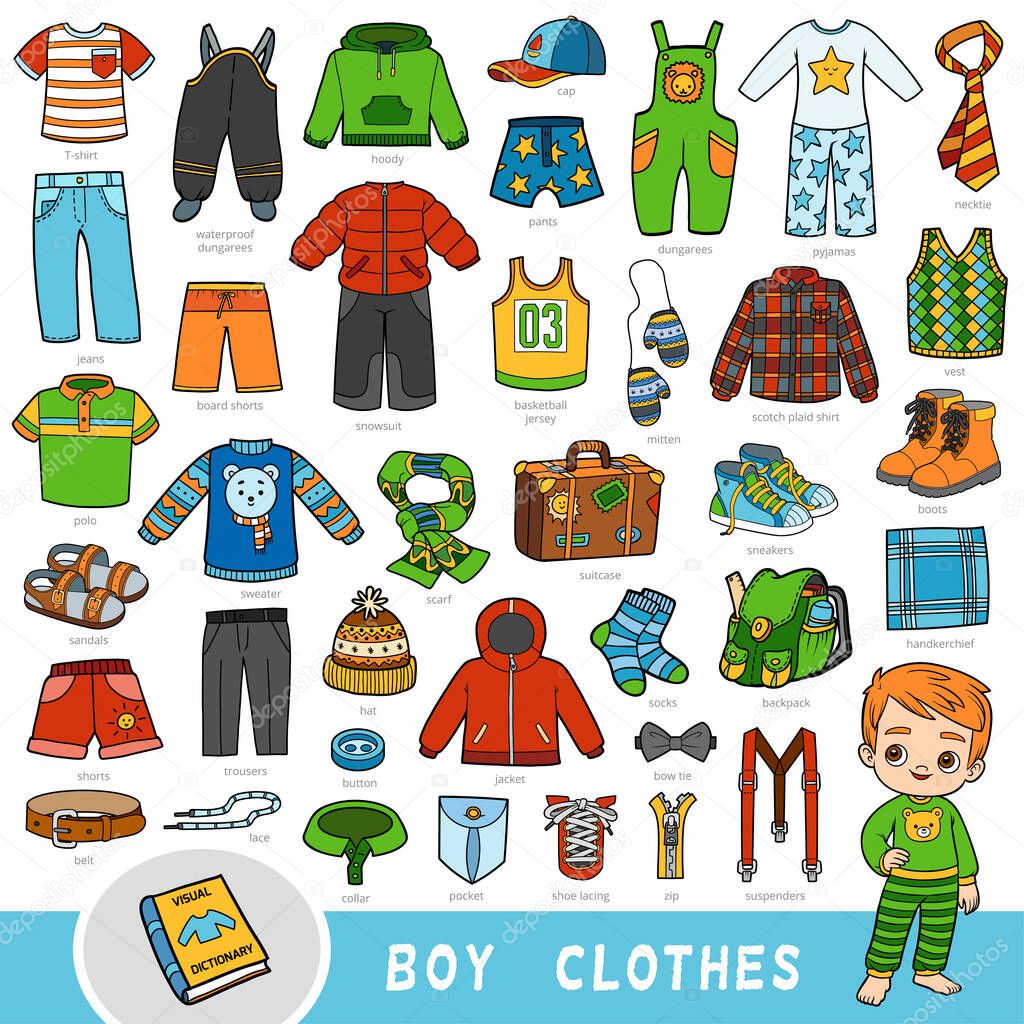 Vector set of boys clothes, color collection of cartoon kids accessories and clothing