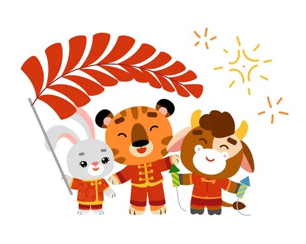 Illustrazione Vettoriale Del Fumetto Bambini Capodanno Cinese Tigre Bue Coniglio — Vettoriale Stock