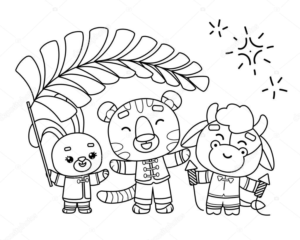 Coloring book for children, Chinese New Year, Tiger, Ox, Rabbit with decorations