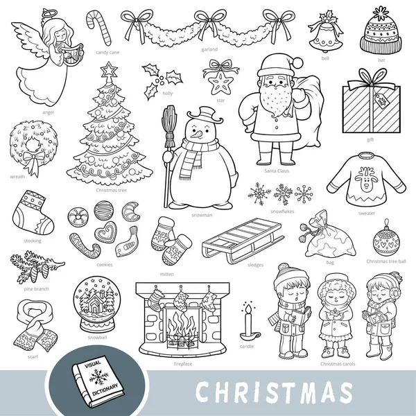 Black White Set Christmas Objects Visual Dictionary Children Winter Holiday — Stock Vector