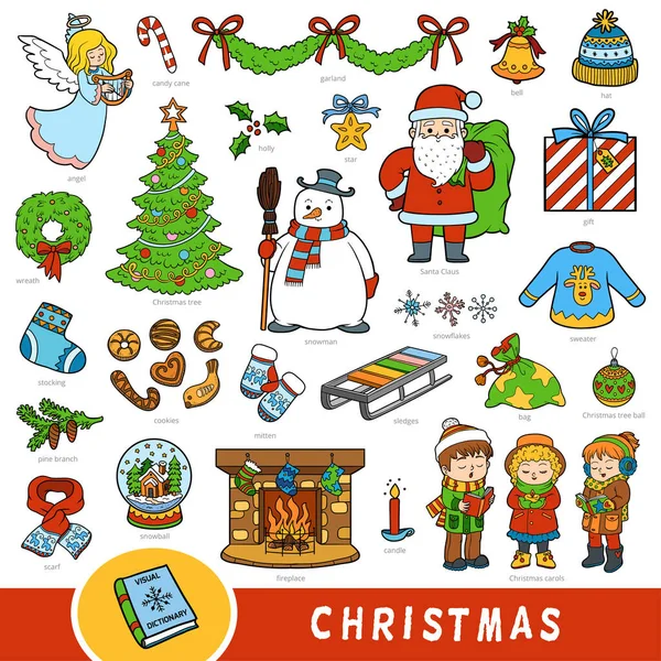 カラフルなクリスマスオブジェクトのセット 冬休みについての子供のための視覚辞書 — ストックベクタ