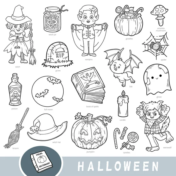 Conjunto Preto Branco Objetos Halloween Dicionário Visual Para Crianças Sobre — Vetor de Stock