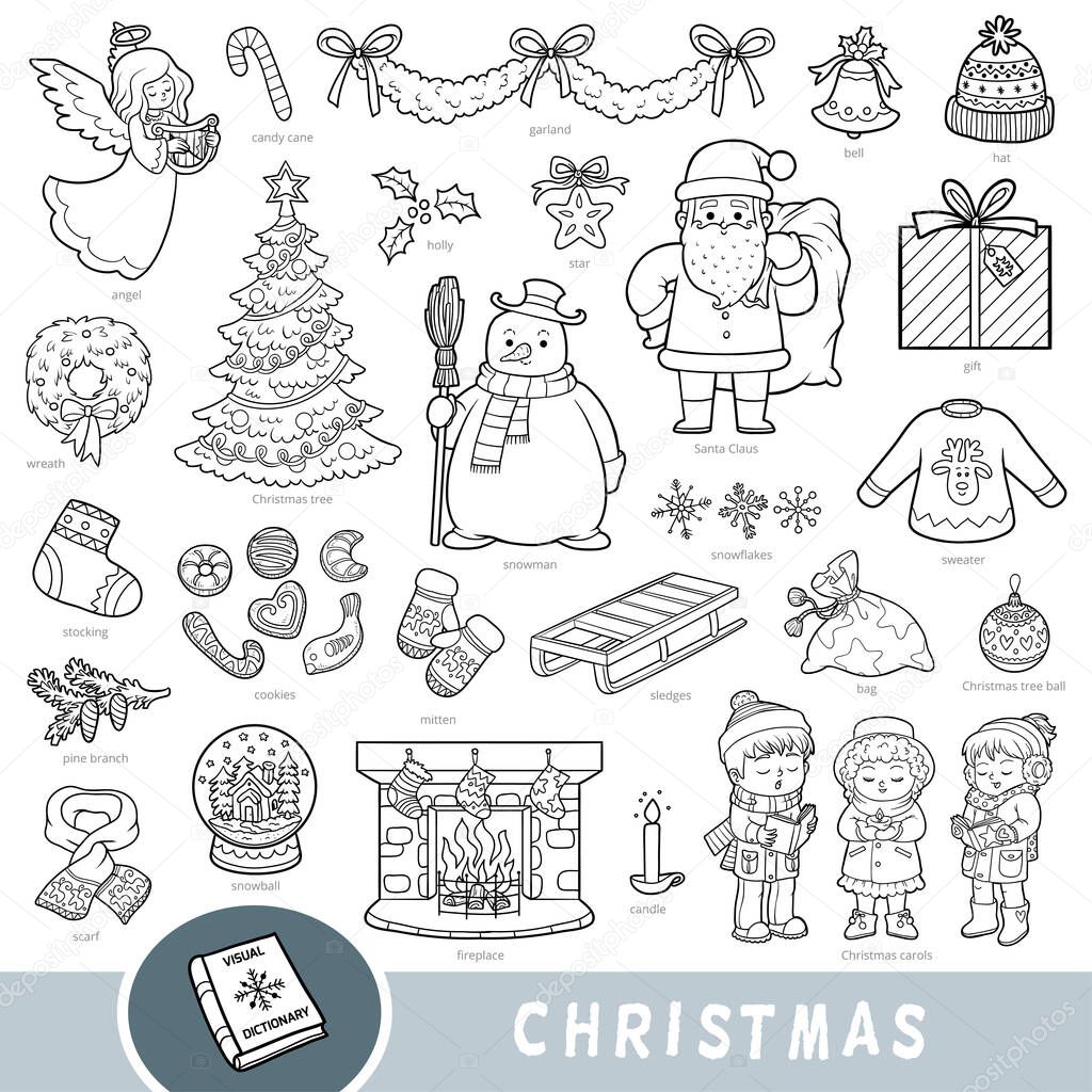 Black and white set of Christmas objects. Visual dictionary for children about winter holiday