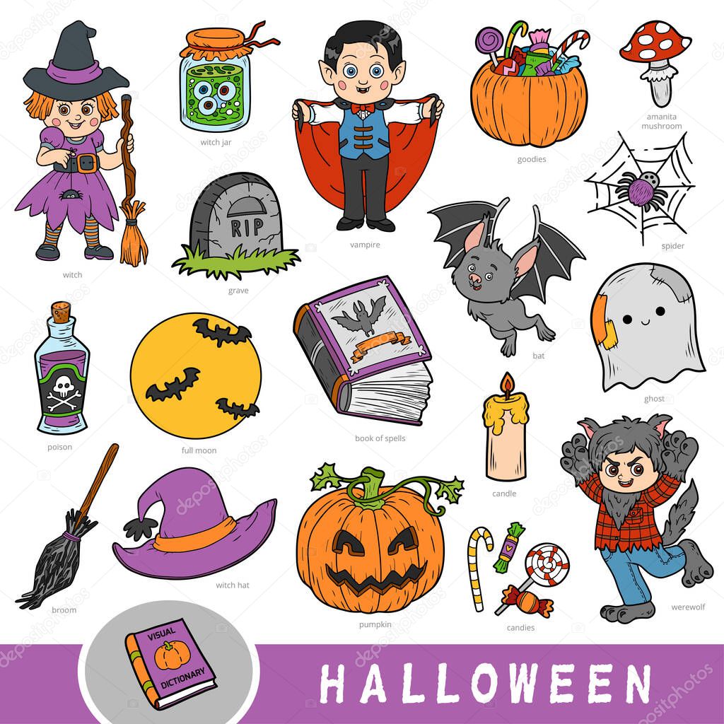 Colorful set of Halloween objects. Visual dictionary for children about autumn holiday