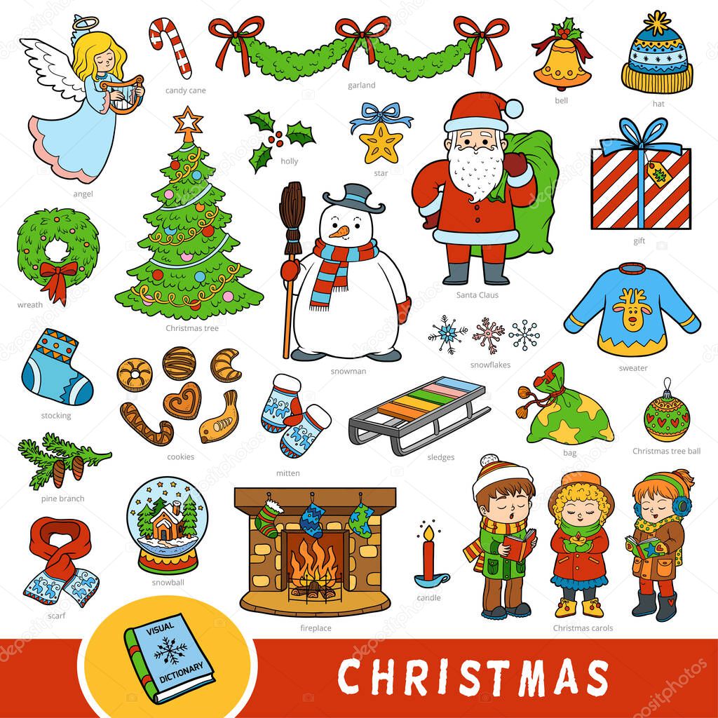 Colorful set of Christmas objects. Visual dictionary for children about winter holiday