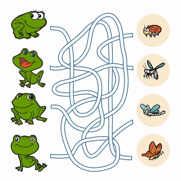 Laberinto juego: Ayuda a las ranas a encontrar comida — Archivo Imágenes Vectoriales