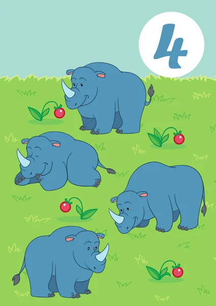 Τέσσερις χαριτωμένο ρινόκερος: εύκολο να μάθουν να μετρούν — Διανυσματικό Αρχείο