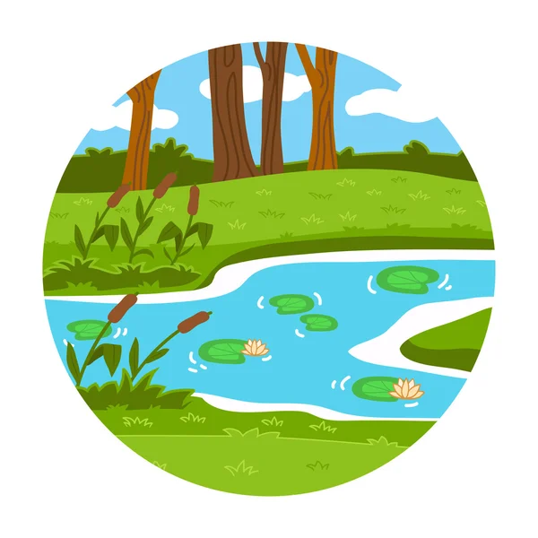 Lugares de círculo, pequeño paisaje (estanque de verano en el bosque ) — Vector de stock