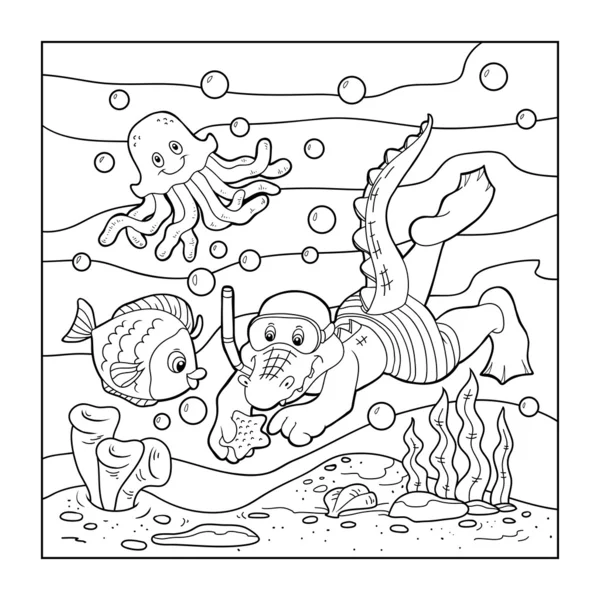 着色书 (鳄鱼潜水员，洋底) — 图库矢量图片