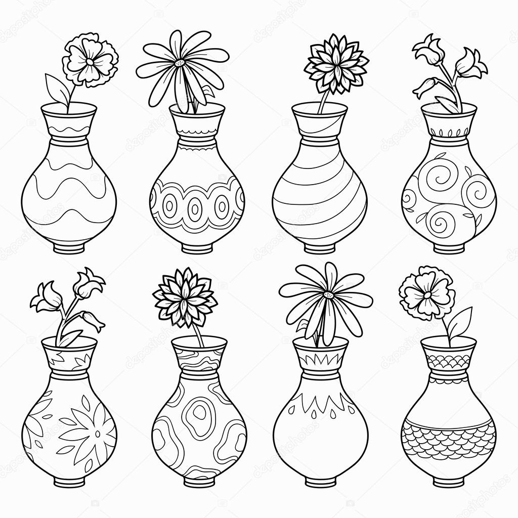 Coloring book (vases with flowers), vector colorless set