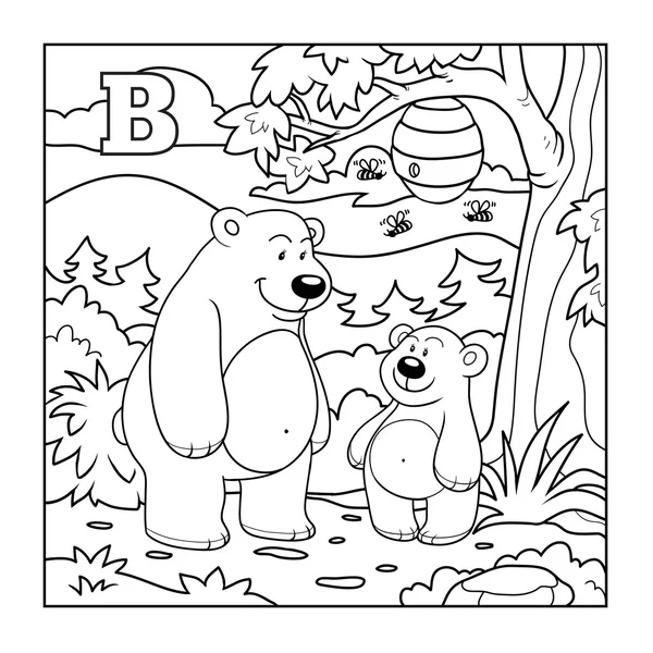 Coloring book (bears in the forest), colorless letter B — Stock Vector