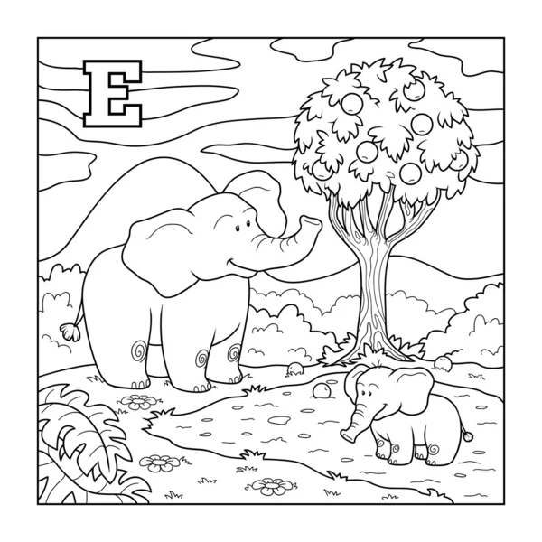 Livro para colorir (elefante), alfabeto incolor para crianças: lette — Vetor de Stock