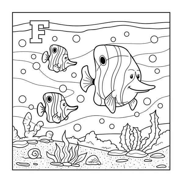 Målarbok (fisk), färglös alfabet för barn: bokstaven F — Stock vektor