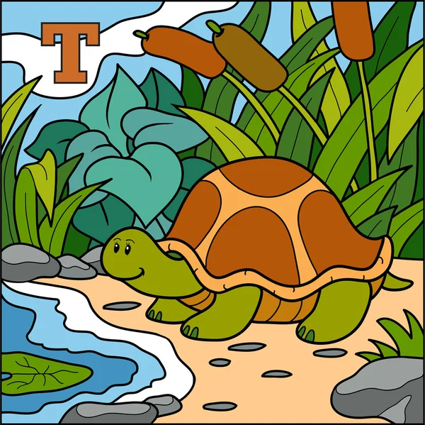 Alfabeto de color para niños: letra T (tortuga ) — Vector de stock