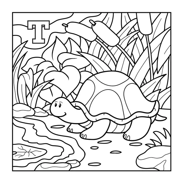 Libro para colorear (tortuga), alfabeto incoloro para niños: letra — Archivo Imágenes Vectoriales