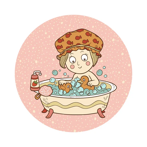 Vektor-Illustration: kleines Mädchen in einer Badewanne mit Seifenblasen — Stockvektor