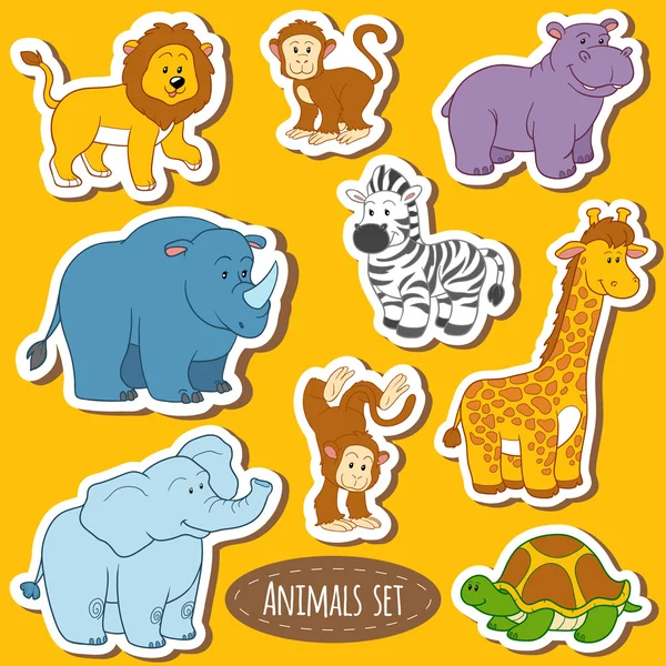 Set of various cute animals, vector stickers of safari animals — Stock Vector