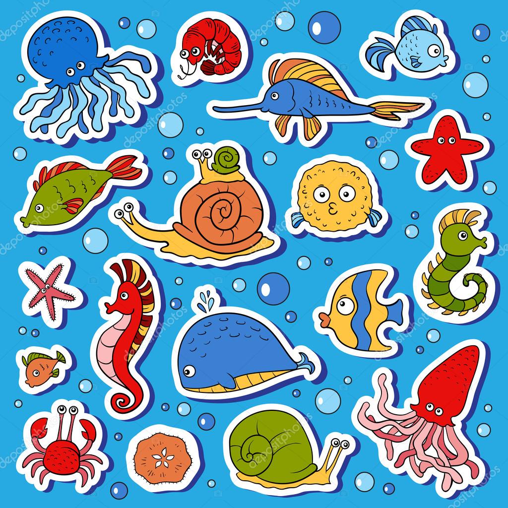 Set of vector ocean animals, stickers of fish