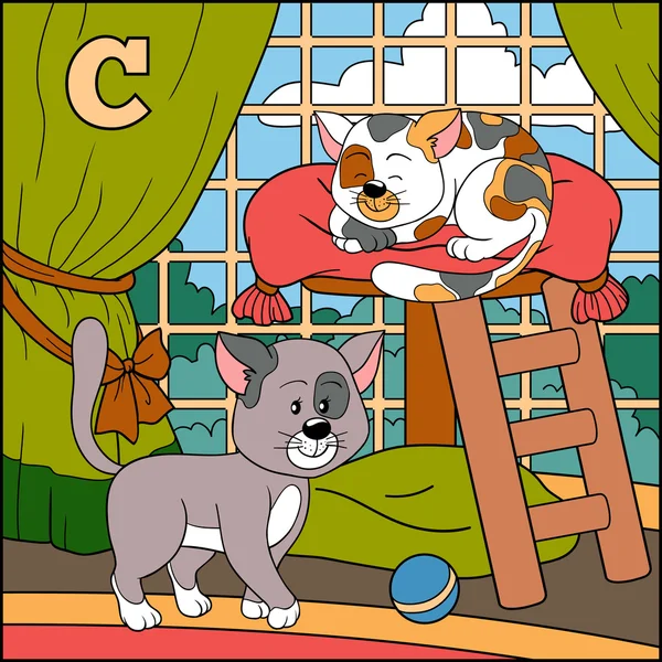 어린이 위한 컬러 알파벳: C (고양이 편지) — 스톡 벡터