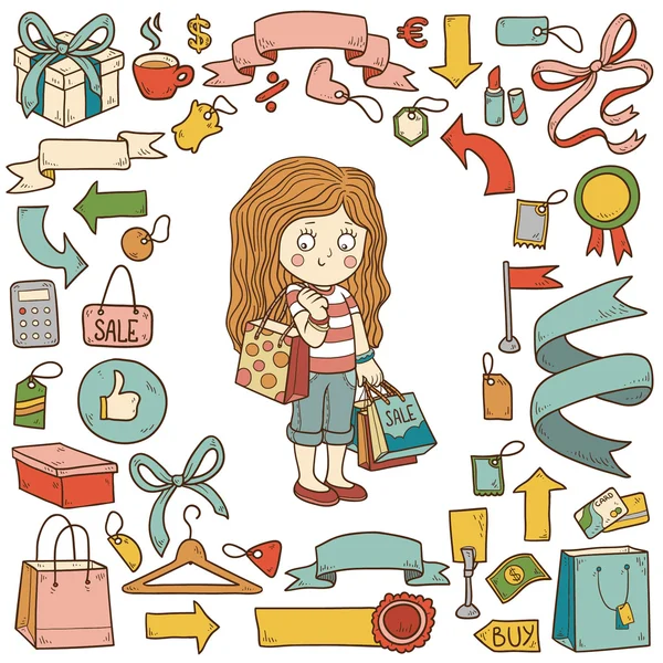 Vector conjunto de artículos de compras, chica con bolsas de compras — Archivo Imágenes Vectoriales